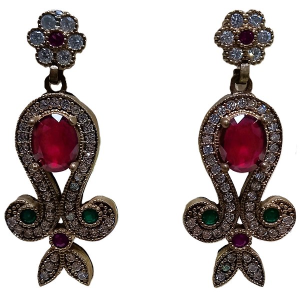 Brinco Turco Prata 925 e Bronze Princesa Rubi Verde Cristal