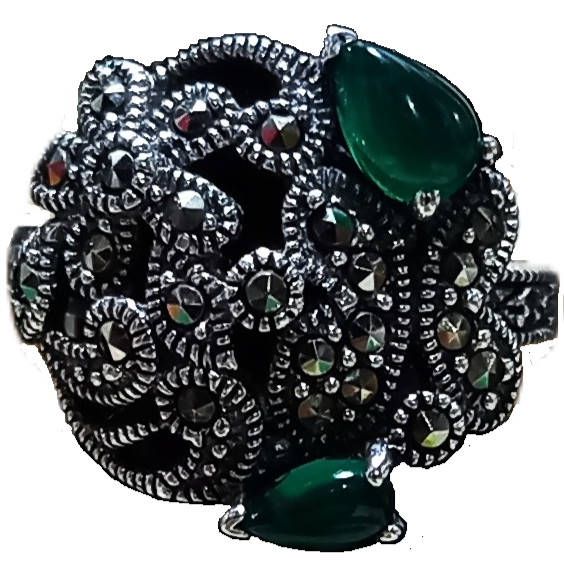 Anel de Prata 925 com Marcassitas e Ágata Verde No.18