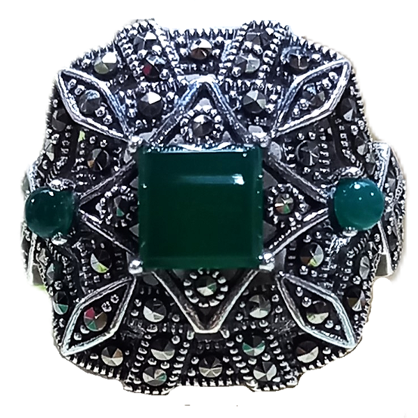 Anel de Prata 925 com Marcassitas e Pedra Ágata Verde Dinastia No.17/18