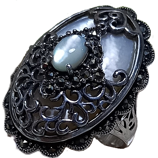 Anel de Prata 925 Arabescos com Madrepérola e Marcassitas No. 19/20