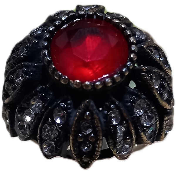 Máxi Anel Turco Prata 925 e Bronze Redondo Vermelho e Cristal