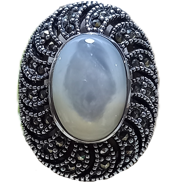 Anel de Prata 925 Marcassitas e Madrepérola Oval No. 15/16