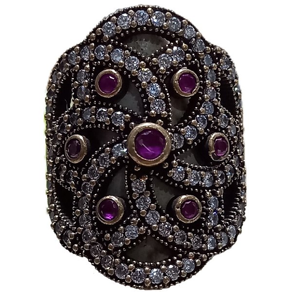 Anel Turco de Prata 925 e Bronze Mandala Rubi e Cristal