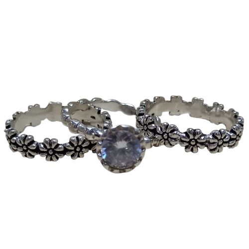 Trio de Anéis de Prata 925 Flores e Solitário