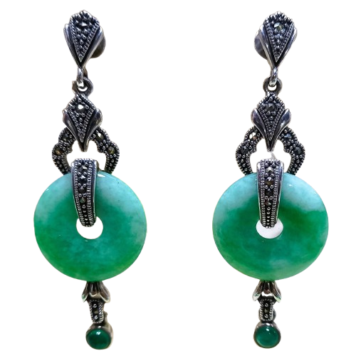 Brinco de Prata 925 Pedra Jade Verde e Marcassitas Swarovski