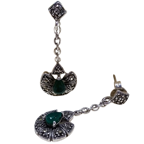 Brinco de Prata 925 com Marcassitas e Ágata Verde 5g