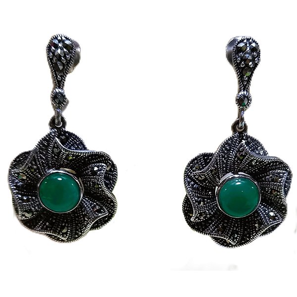 Brinco Flor de Prata 925 com Marcassitas e Pedra Ágata Verde 10g