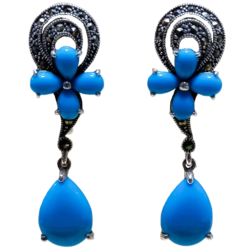 Brinco De Prata 925 Com Turquesa E Marcassitas Flor E Gota