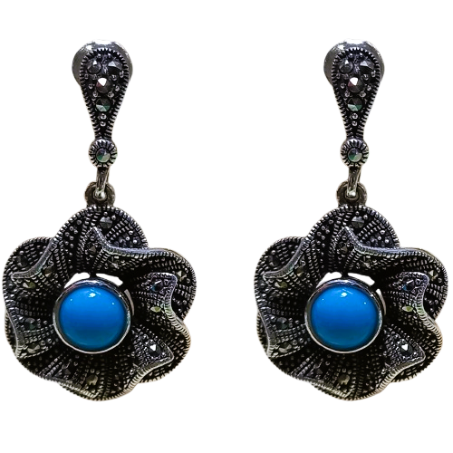 Brinco Flor De Prata 925 Com Marcassitas E Pedra Turquesa