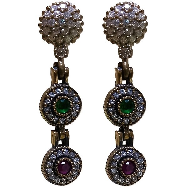 Brinco Turco Prata 925 e Bronze Longo Verde Rubi e Cristal