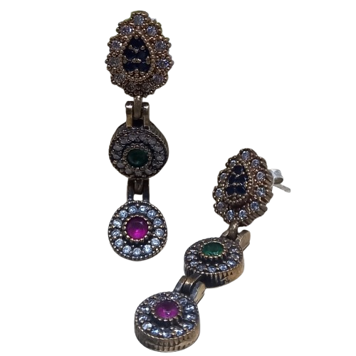 Brinco Turco Prata 925 e Bronze Azul Verde e Cristal Longo