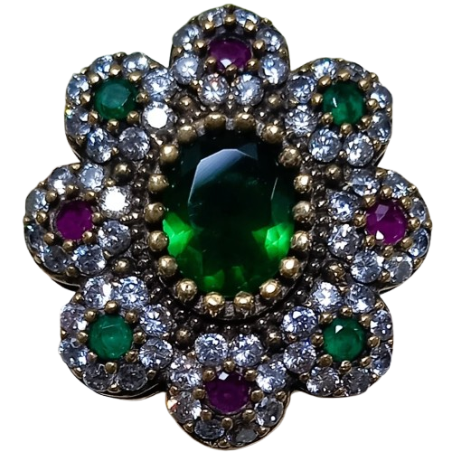 Anel Turco Prata 925 e Bronze Pink Verde Cristal No. 23/24