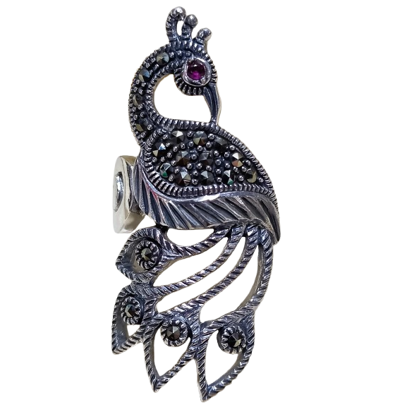 Anel Pavão de Prata 925 Marcassitas e Rubi No.19/20