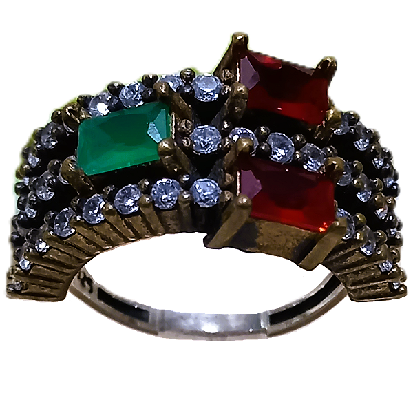 Anel Turco Prata 925 e Bronze Retângulos Vermelho e Verde No.20