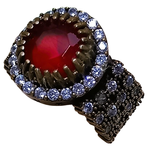 Anel Turco Prata 925 e Bronze Redondo Vermelho e Cristal No.17