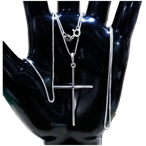 Colar de Prata 925 Cruz Palito Corrente Veneziana 60 cm