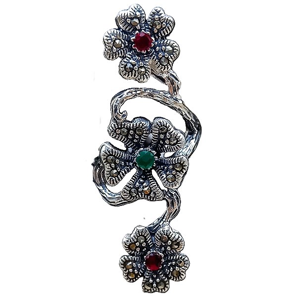 Máxi Anel Flores de Prata 925 Marcassitas Rubi Esmeralda No. 21/22