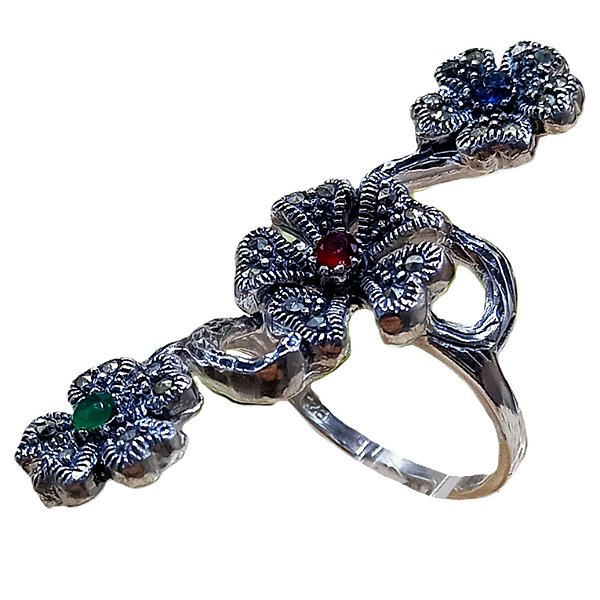 Máxi Anel Flores de Prata 925 Azul Vermelho e Verde com Marcassitas No. 21/22