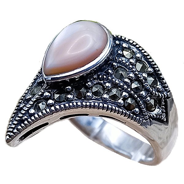 Anel de Prata 925 Gota Madrepérola Rosa e Marcassitas No.14/15