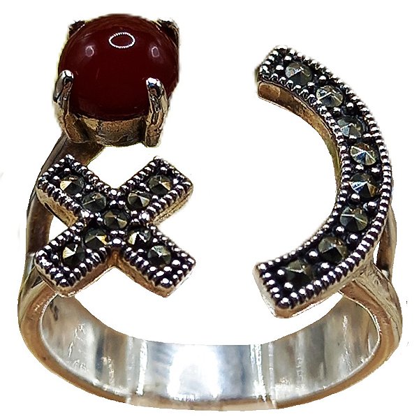 Anel de Prata 925 X Ágata Vermelha e Marcassitas No. 16