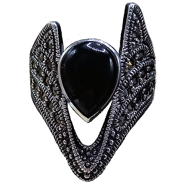 Anel de Prata 925 Gota de Onix e Marcassitas No. 15