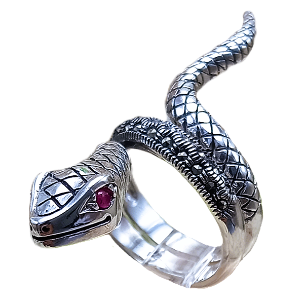 Máxi Anel Cobra Serpente de Prata 925 Marcassitas e Rubi