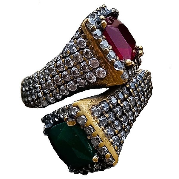 Anel Turco de Prata 925 e Bronze Quadrados Verde e Rubi No. 18