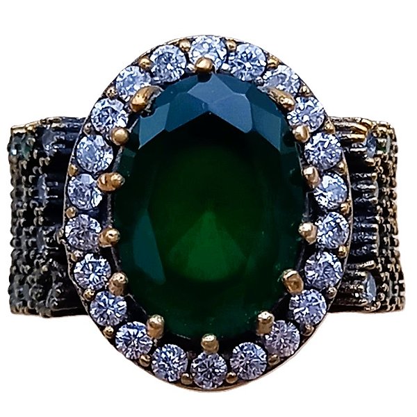 Anel Turco de Prata 925 e Bronze Oval Verde No. 18