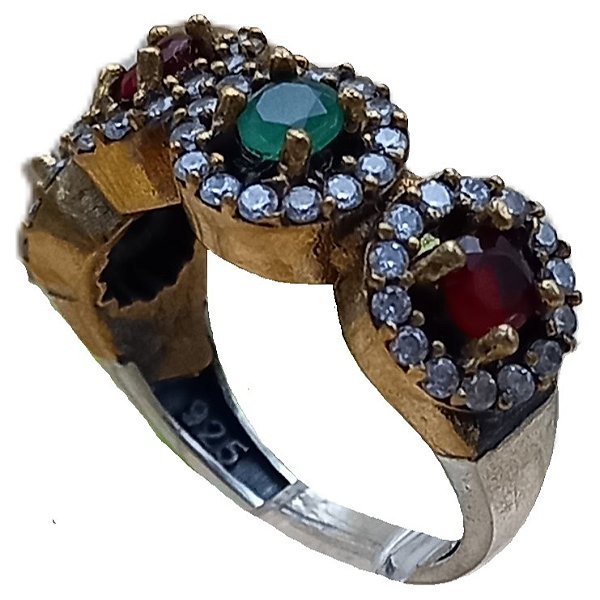 Anel Turco de Prata 925 e Bronze Círculos Verde Rubi e Cristal 19/20