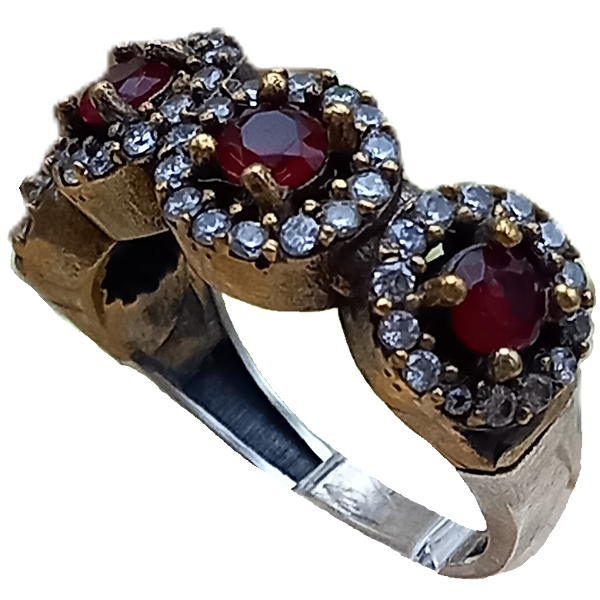 Anel Turco de Prata 925 e Bronze Círculos Vermelho e Cristal