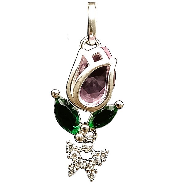 Pingente Flor De Prata 925 Botão de Rosa com Borboleta