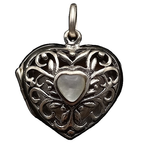 Pingente Relicário Difusor de Prata 925 Coração com Madrepérola