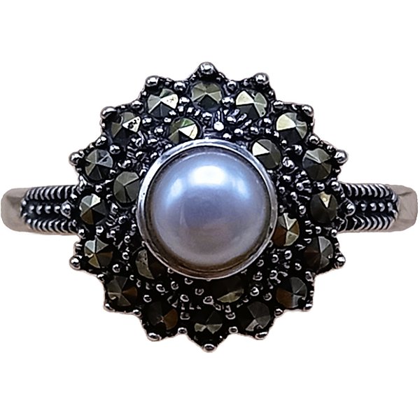 Anel de Prata 925 com Marcassitas e Pérola de Água Doce No. 16/17