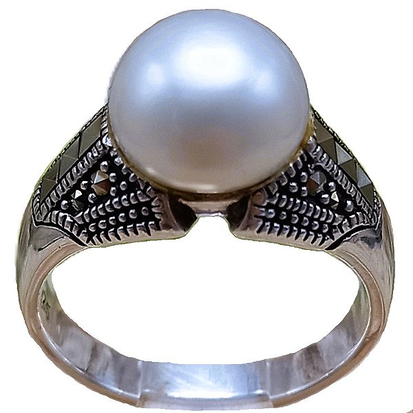 Anel Solitário de Prata 925 com Marcassitas e Pérola de Água Doce No. 21