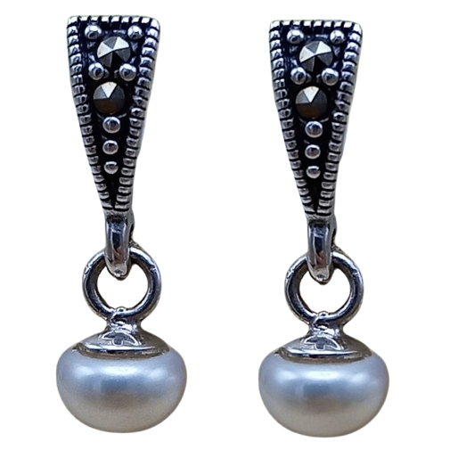 Brinco de Prata 925 com Perola Agua Doce e Marcassitas