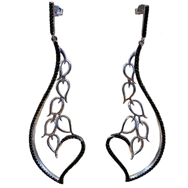 Máxi Brincos de Prata 925 Cravejado Zircônias Negras 7 cm