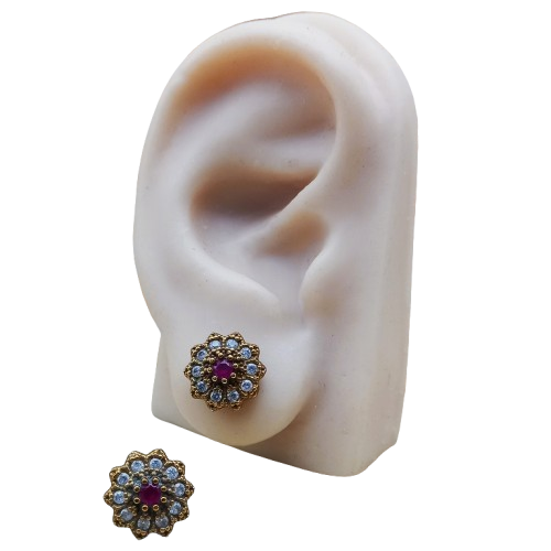 Brinco Turco de Prata 925 e Bronze Flor Rubi e Cristal