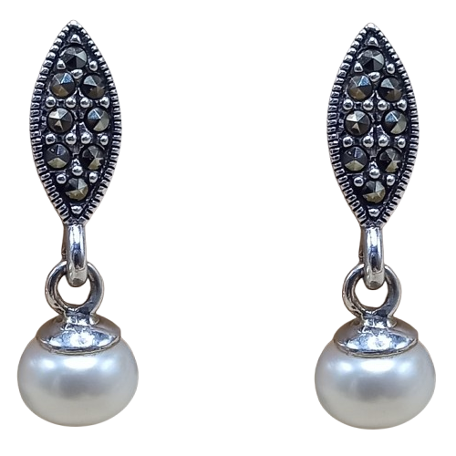 Brinco de Prata 925 Pérola e Marcassitas