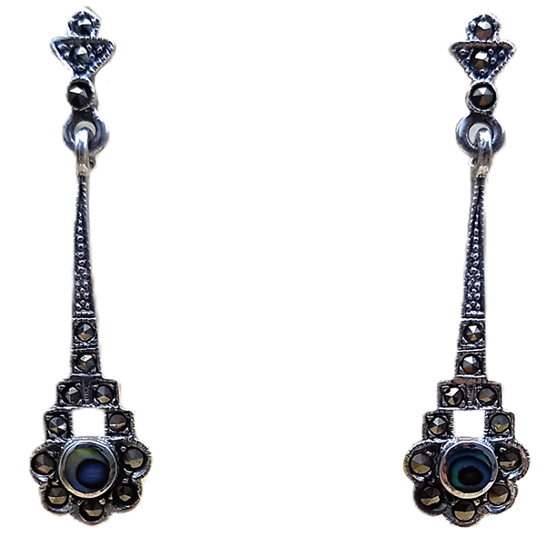 Brinco de Prata 925 com Marcassitas e Abalone 4cm