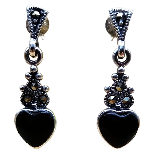 Brinco de Prata 925 Coração Ônix e Marcassitas 3g