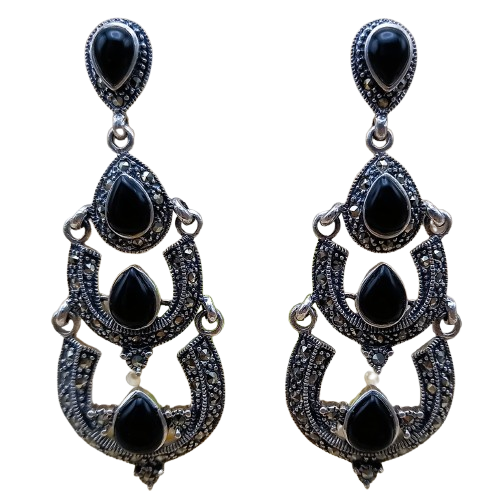 Brinco de Prata 925 Ônix e Marcassitas 6 cm