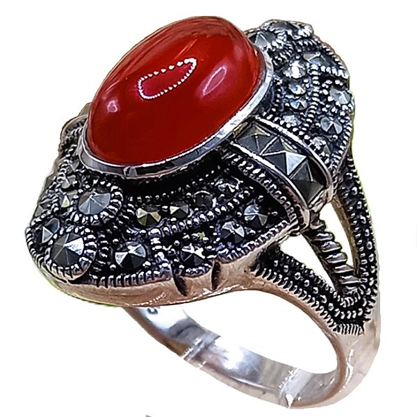 Anel de Prata 925 com Marcassitas e Ágata Vermelha Oval No. 16