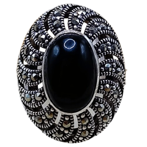 Anel de Prata 925 com Ônix e Marcassitas No. 15/16