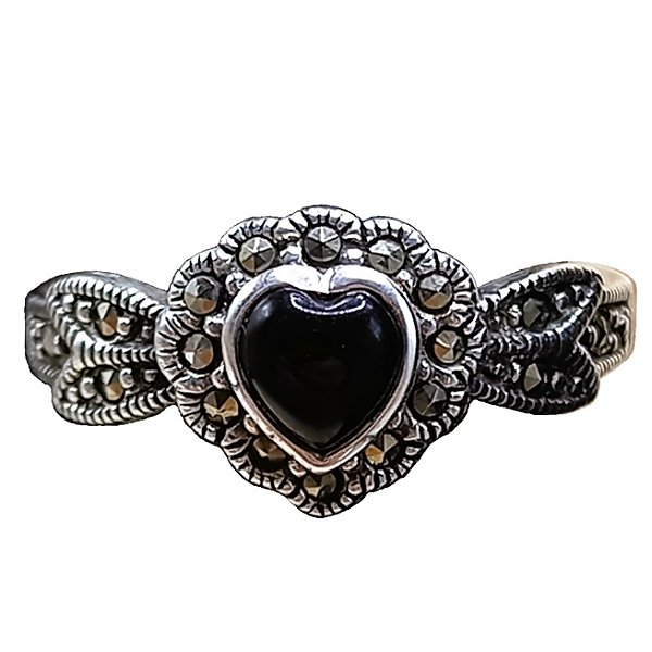 Anel Coração de Prata 925 Marcassitas e Pedra Ônix No. 17/18