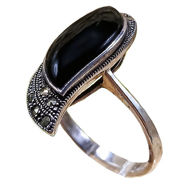 Anel De Prata 925 Folha Com Marcassitas e Ônix No. 19