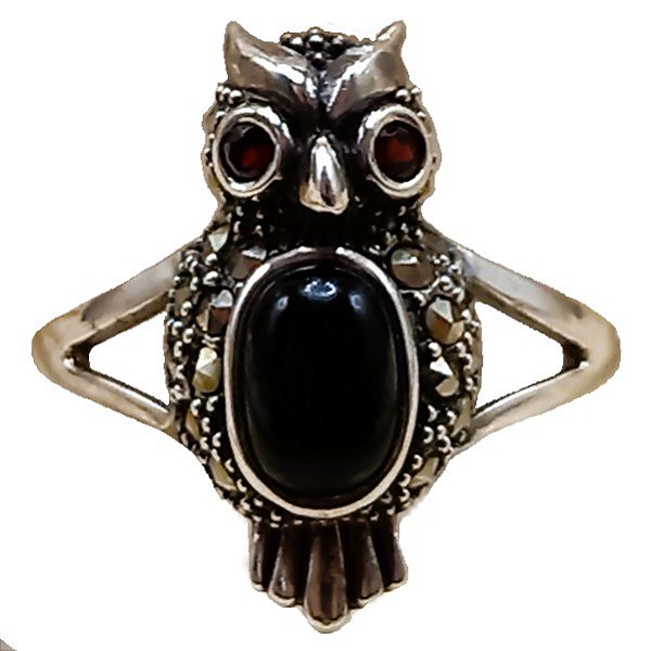Anel Coruja Corujinha De Prata 925 Com Marcassitas Granada e Ônix No. 18