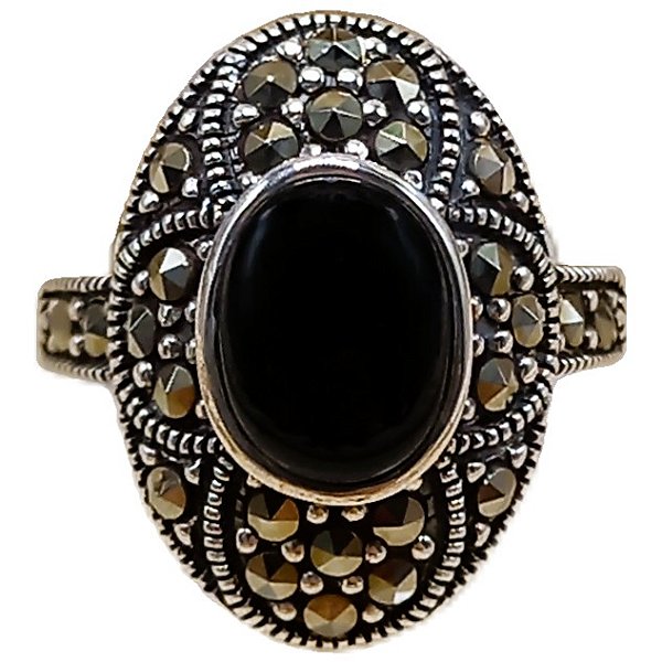 Anel de Prata 925 Oval com Marcassitas e Ônix No. 16