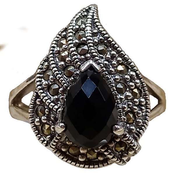 Anel Folha De Prata 925 Com Marcassitas e Ônix Facetado 7,2g No. 17