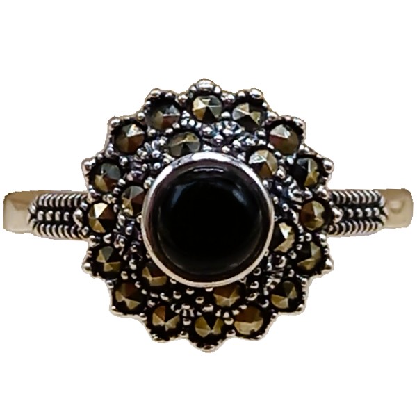 Anel Redondo de Prata 925 com Marcassitas e Pedra Ônix No. 17