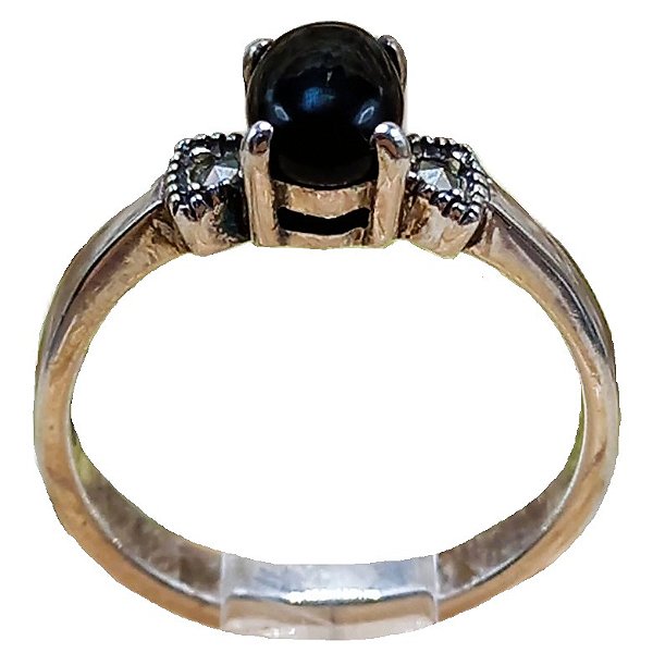 Anel Solitário De Prata 925 Com Marcassitas e Ônix Oval 3g No. 19